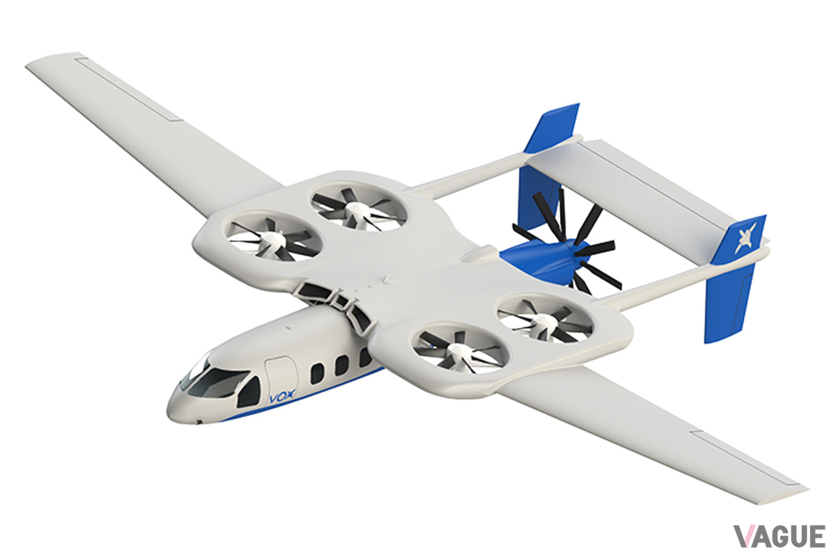 ヴォックス・エアクラフト製VTOLのイメージ。プロペラ周囲を翼で囲むこむことによって、プロペラに鳥のような障害物が接触するのを防いでいる（C）Vox Aircraft