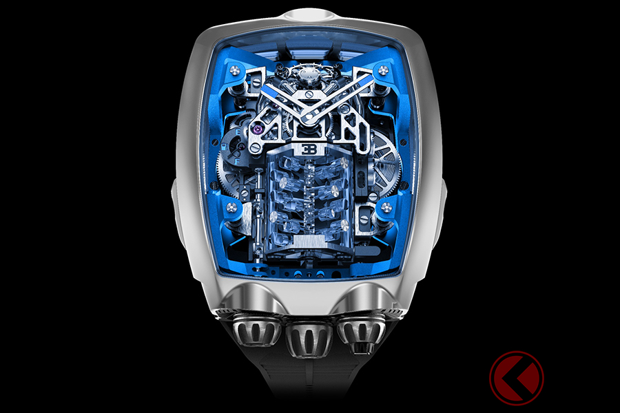 ブガッティ・シロンのW16気筒エンジンをまさしく腕時計のなかに収めたようなブガッティ・シロン・トゥールビヨン