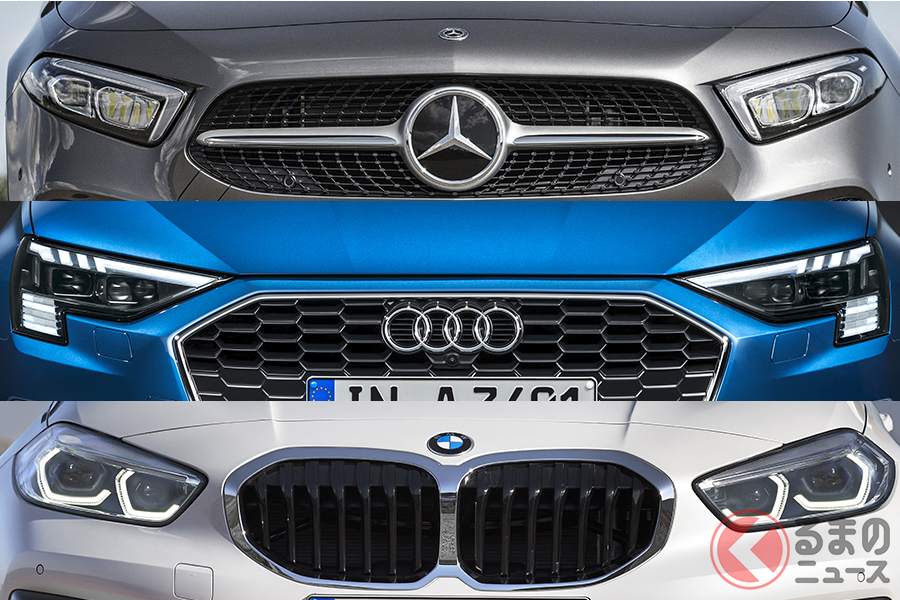 ドイツ・プレミアムスリーのCセグメントハッチバック。上からメルセデス「Aクラス」アウディ「A3スポーツバック」BMW「1シリーズ」