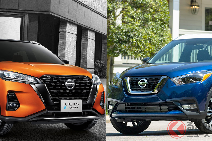 日本に導入する新型「キックス(左)」と北米などで販売されるマイチェン前の「キックス(右)」