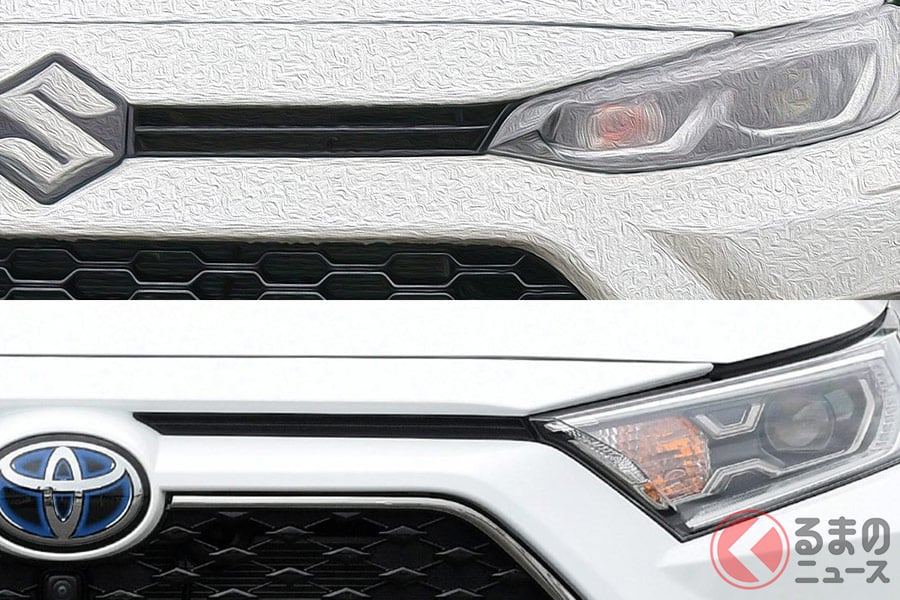 スズキ新型「アクロス」（上）とトヨタ「RAV4 PHV」（下） ライト形状が異なるのがわかる