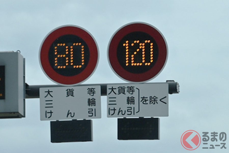 最高速度120キロ区間の標識。試験前後では死傷事故に変化はなかったという。