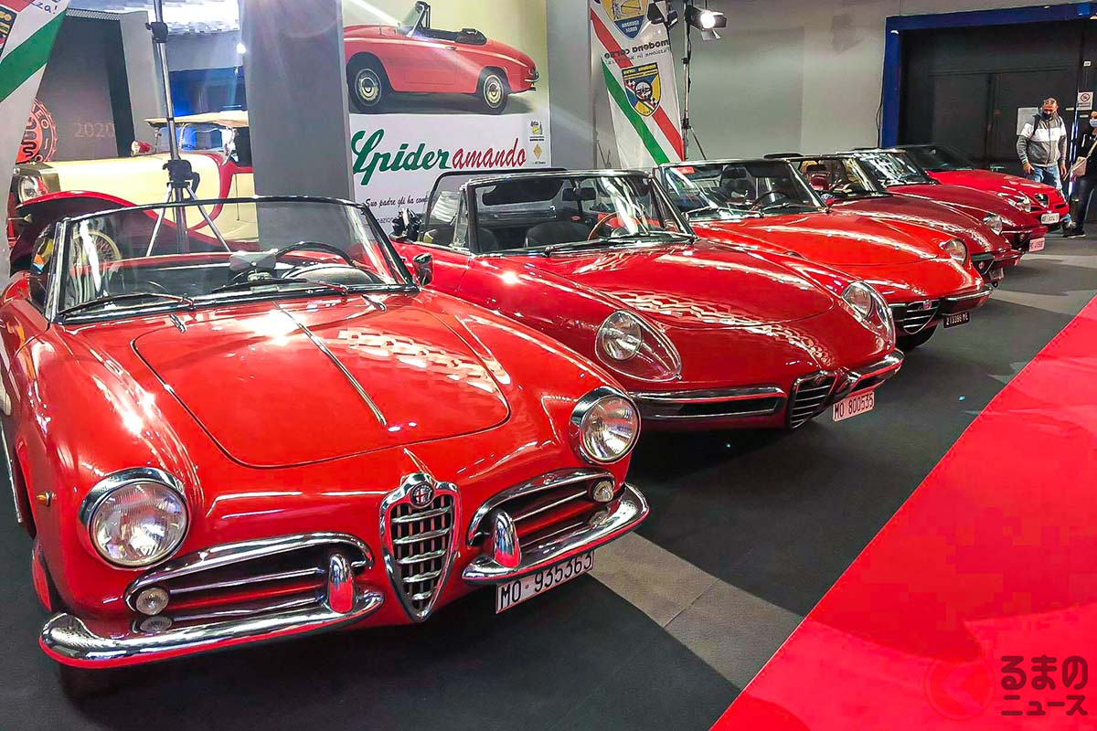 「ジュリエッタ」から「ジュリア(セリエ1ー4)」、「916」と並んだピニンファリーナデザインのアルファ ロメオ「スパイダー」