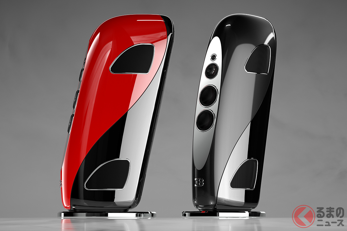 ブガッティの名を冠したスピーカーのサイズは、高さ144cm×幅28cm×奥行60cm。重量は160kgだ