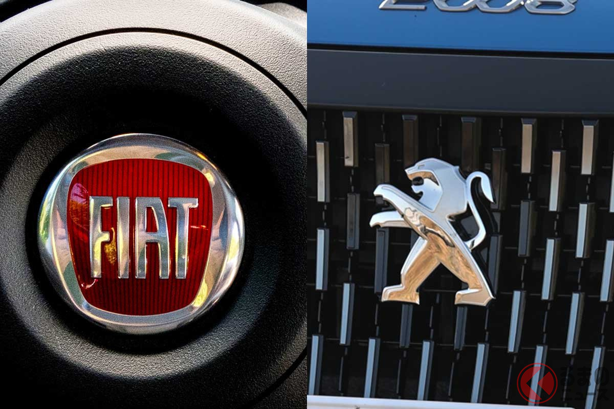 FCAのブランドである「フィアット」とグループPSAのブランドである「プジョー」のロゴ。合併後もそれぞれのブランドはそのまま残る