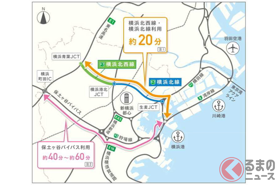首都高速K7横浜北西線とその周辺道路