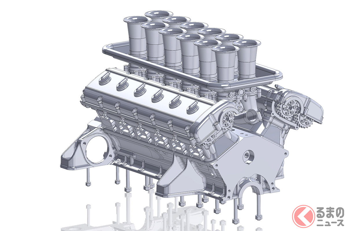 パワーユニットのスペックはまだ一切発表されていないが、キャブレターを持つ自然吸気のV型12気筒ガソリンエンジンであることはわかる