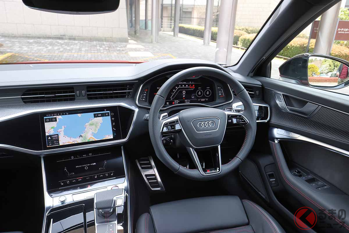 アウディ改良新型「RS6アバント」のインパネ。試乗車はオプションのBang&Olfsen 3Dアドバンストサウンドシステム(78万円)を装備