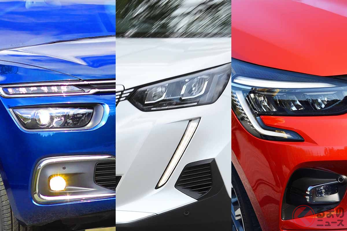 いま輸入車のなかで絶好調なのがフランスブランドだ。左からシトロエン(グランドC4スペースツアラー)、プジョー(e2008)、ルノー(新型ルーテシア)