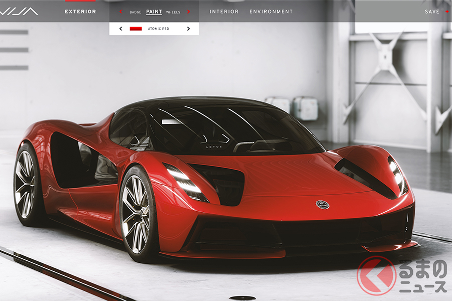 ロータス「エヴァイヤ」コンフィギュレーター。ここでボディカラーや内装、ホイールデザインなどをカスタマイズできる