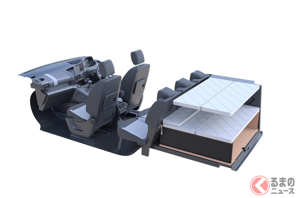収納時でもこのようにリアシートを使うことができ、さらにベッド部分は収納棚として利用できるため、5名乗車での移動も可能だ