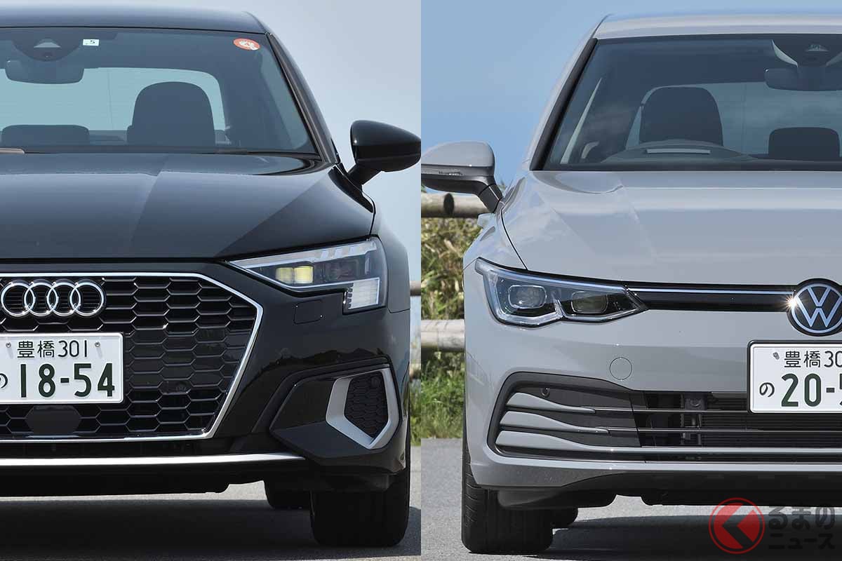 2021年4月21日に日本で発表されたアウディ新型「A3」(左)と、同年6月15日に登場したVW新型「ゴルフ」