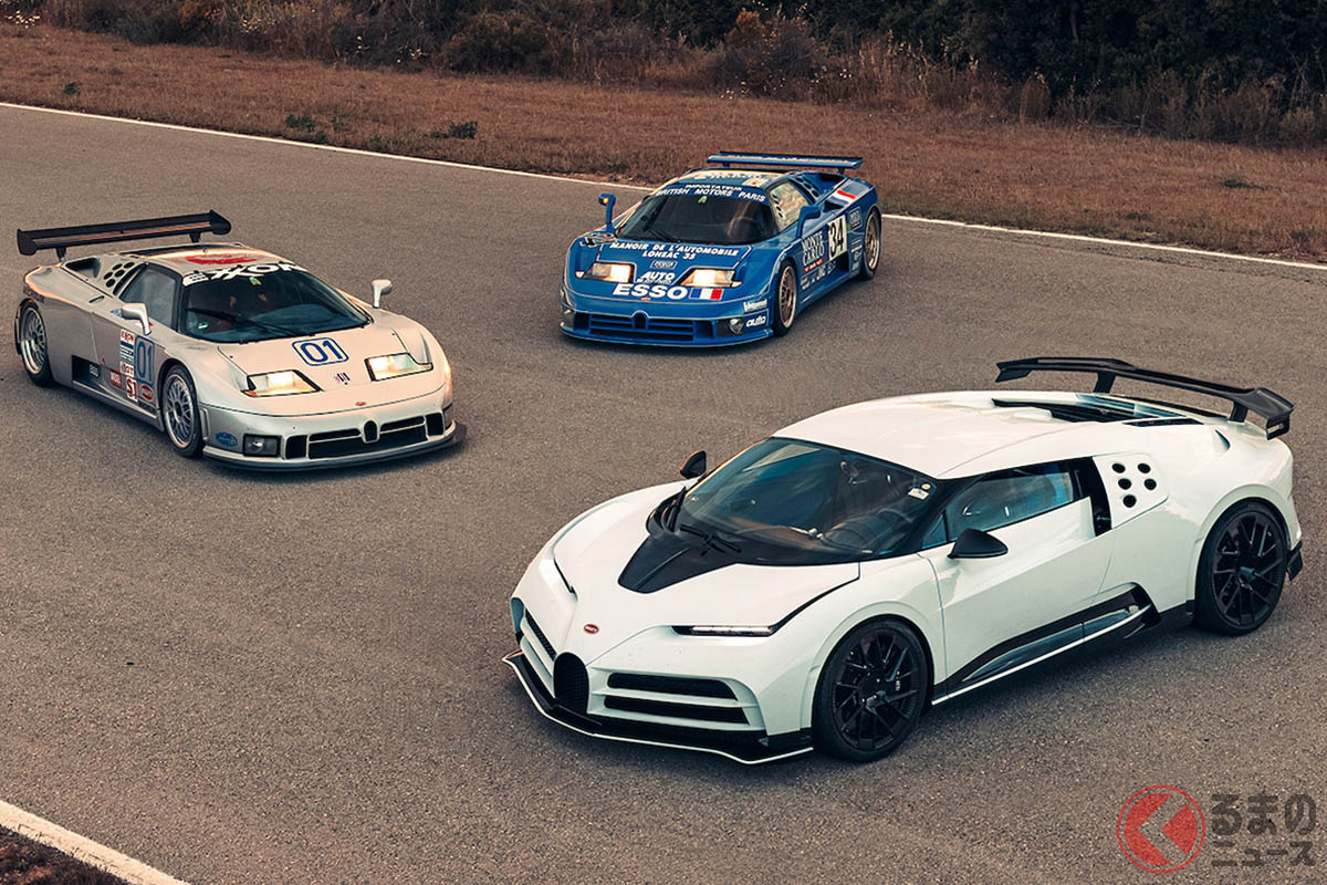 ナルド・テクニカルセンターに持ち込まれた新旧ブガッティ。「EB110」が開発された地で、「チェントディエチ」の最終仕上げがおこなわれる