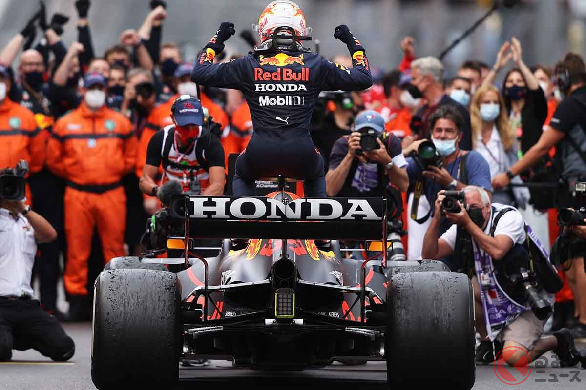 2021年F1第5戦、モナコGPで初優勝したマックス・フェルスタッペン選手。モナコでのホンダエンジンの優勝は1992年のアイルトン・セナ選手以来