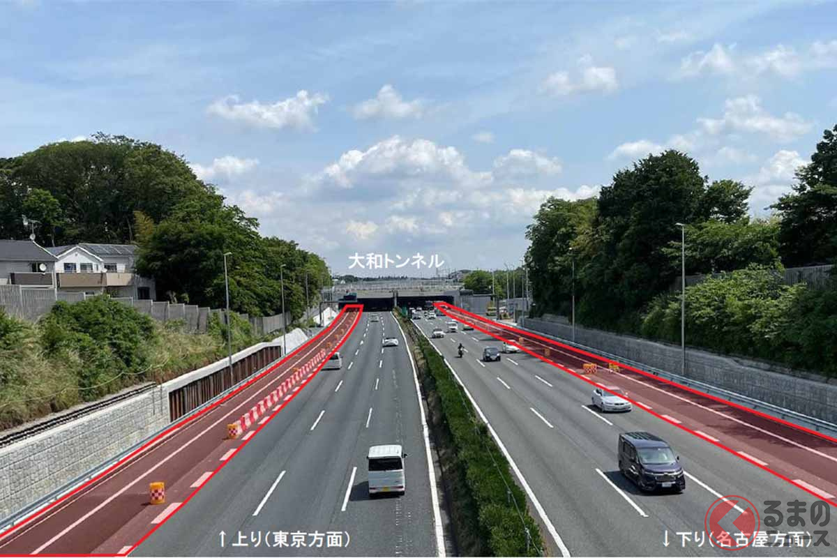 東名高速道路の横浜町田ICと厚木ICの間にある大和トンネル。上り線約3km、下り線約2kmの付加車線の運用を開始し、この区間では上下線とも4車線で通行できるようにしたところ、劇的に渋滞の回数が減った
