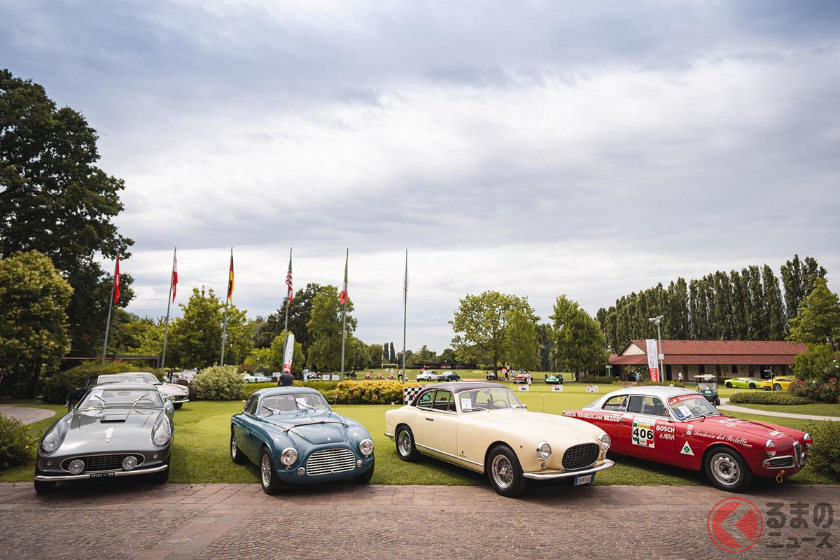 左からフェラーリ「250GT TDF」、フェラーリ「166 MMトゥーリング ベルリネッタ」、フェラーリ「212インター・ヴィニャーレ」、アルファ ロメオ「ジュリエッタ・スプリント」