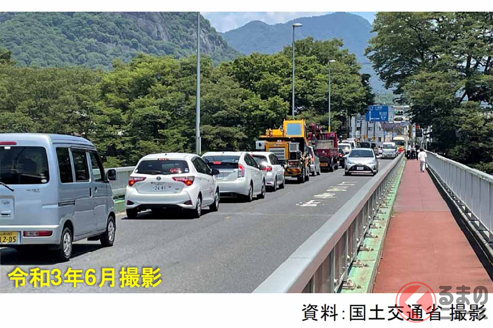 慢性的に渋滞している国道20号(現道)の大月橋東詰交差点付近(画像:国土交通省関東地方整備局)