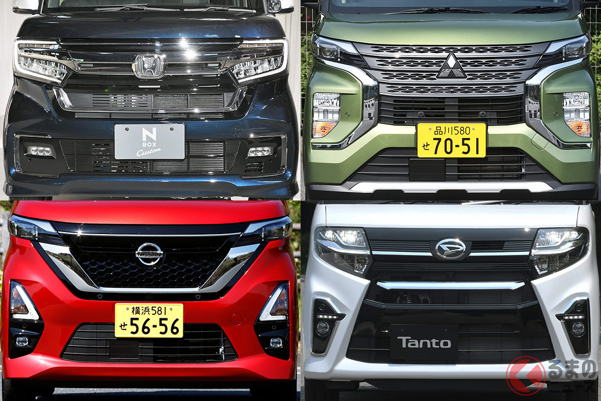 今後の軽自動車に重要視されるモノとは? (左上:N-BOXCustom、左下:ROOX highwaystar、右上:三菱「eK X SPACE」、右下:ダイハツ「TANTO Custom」)