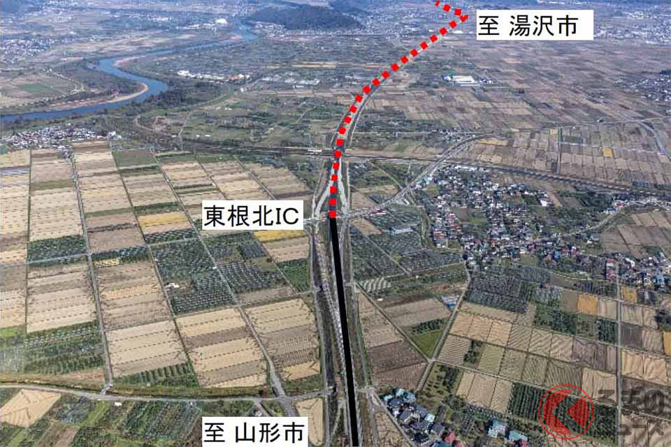 東根北IC付近の整備状況(画像:国土交通省東北地方整備局)