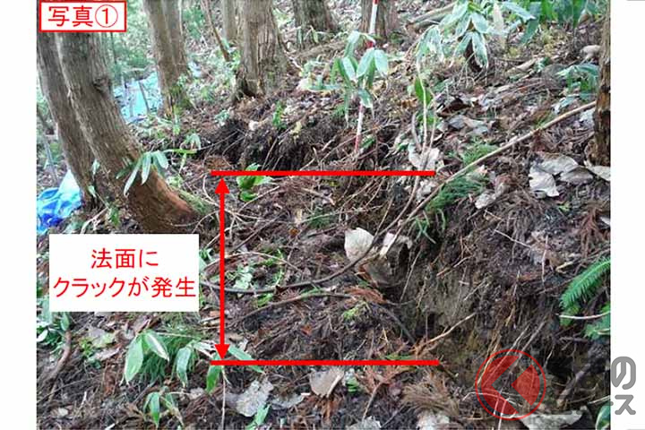 国道47号「新庄古口道路」の施工現場。地滑りによりクラックが発生(画像:国土交通省東北地方整備局山形河川国道事務所)