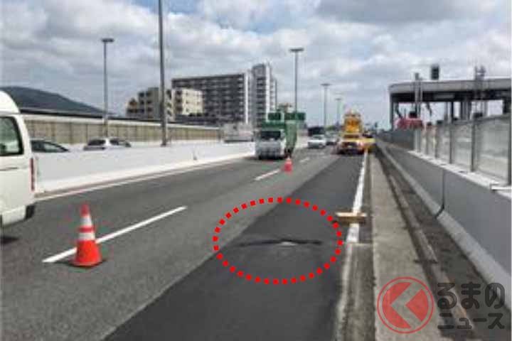 阪神高速3号神戸線における舗装損傷の状況（画像：阪神高速）