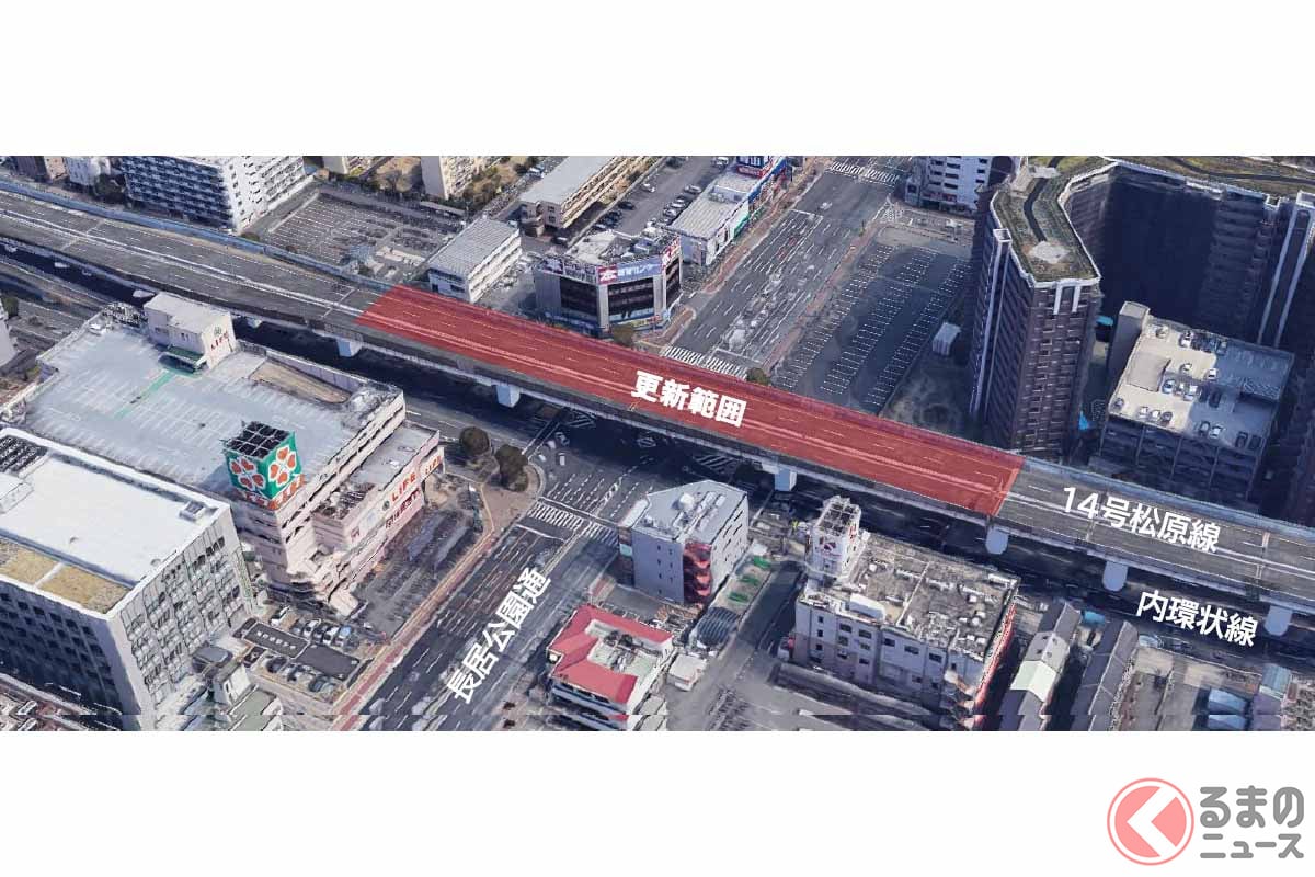 阪神高速14号松原線の橋梁架け替え区間。写真左が喜連瓜破出入口（画像：阪神高速）
