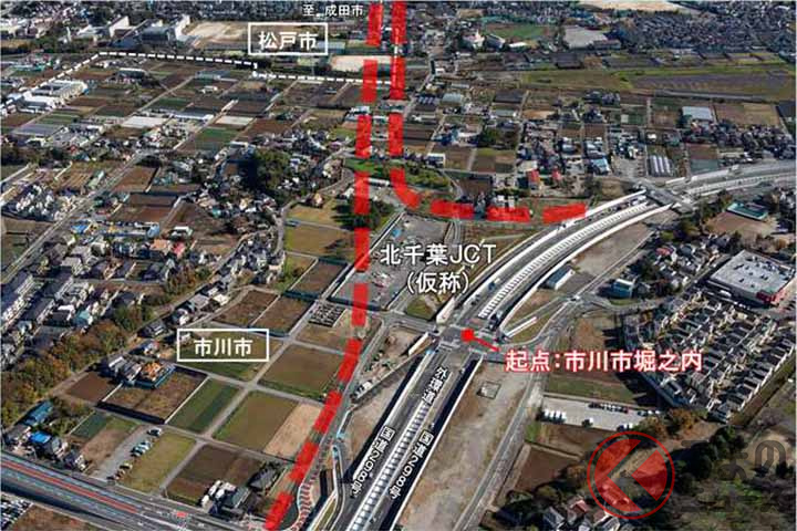 外環道から北千葉道路が分かれる北千葉JCT(仮称)の予定地(画像:国土交通省関東地方整備局)