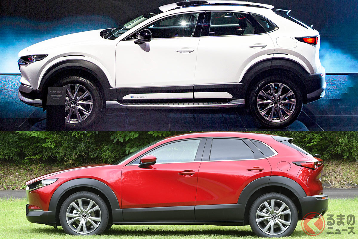 中国で発表された「CX-30 EV」(上)と日本で販売される「CX-30」