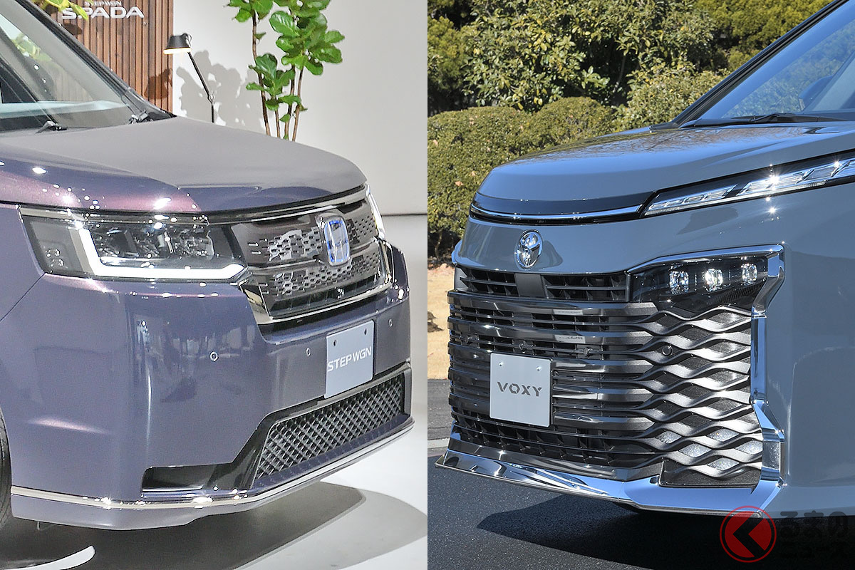 （左）「あっさりシオ顔系」ホンダ 新型「ステップワゴン SPADA」／（右）「こってりギラ顔系」トヨタ 新型「ヴォクシー」