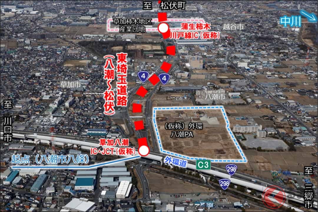東埼玉道路の草加八潮JCT（仮称）付近。2022年3月撮影（画像：国土交通省関東地方整備局）