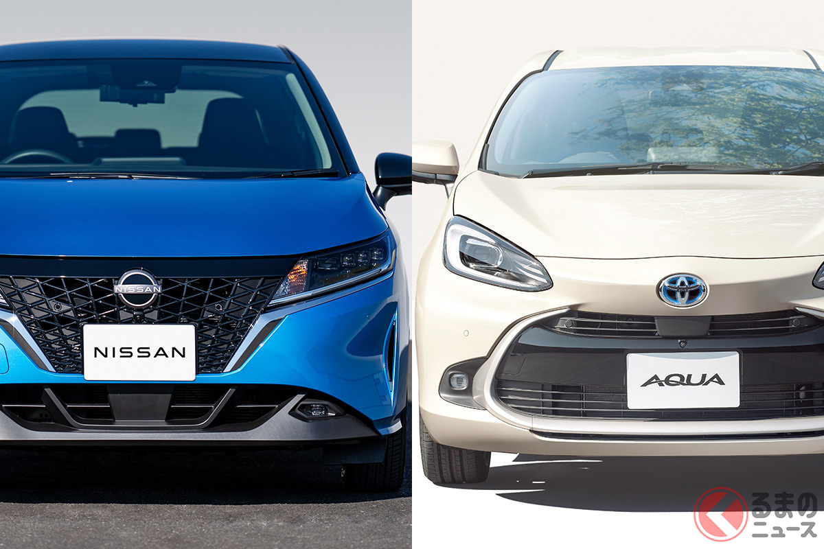 コンパクトかつハイブリッド専用車となる新型ノート(左)と新型アクア(右)