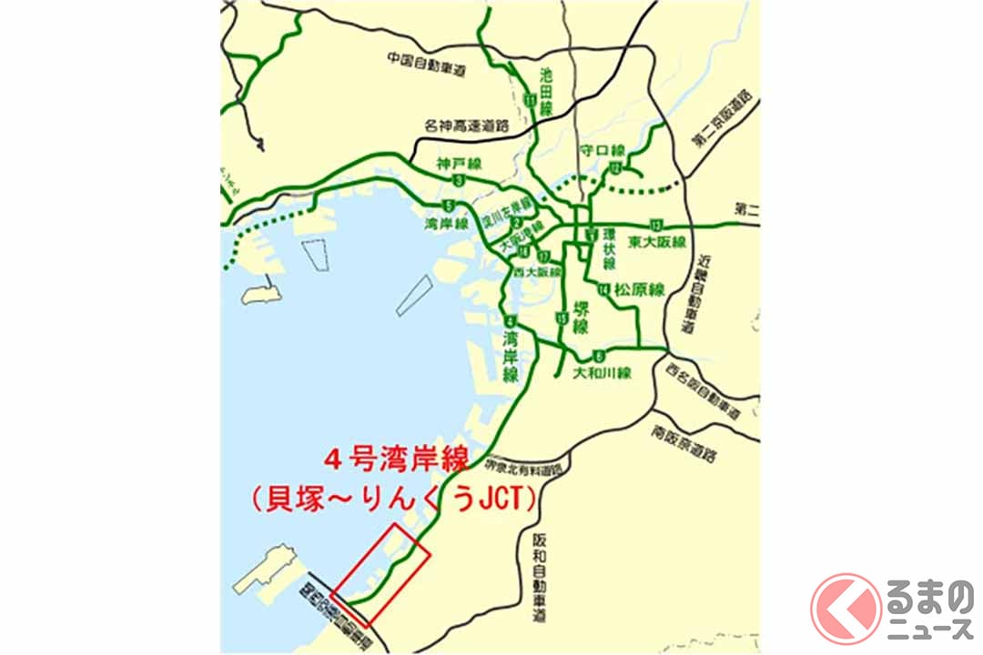 4号湾岸線の通行止め区間（画像：阪神高速）