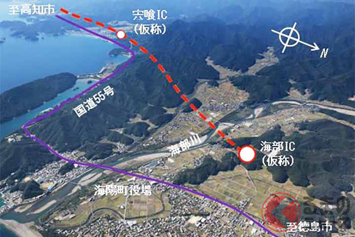 海部野根道路の起点となる海部IC(仮称)付近(画像:国土交通省四国地方整備局徳島河川国道事務所)