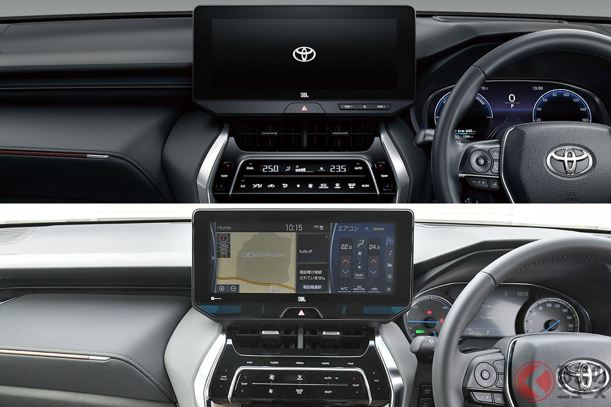 (上)2022年9月26日に一部改良した新型「ハリアー」の内装/(下)2020年6月にフルモデルチェンジしたデビュー当時の現行型(4代目)「ハリアー」内装