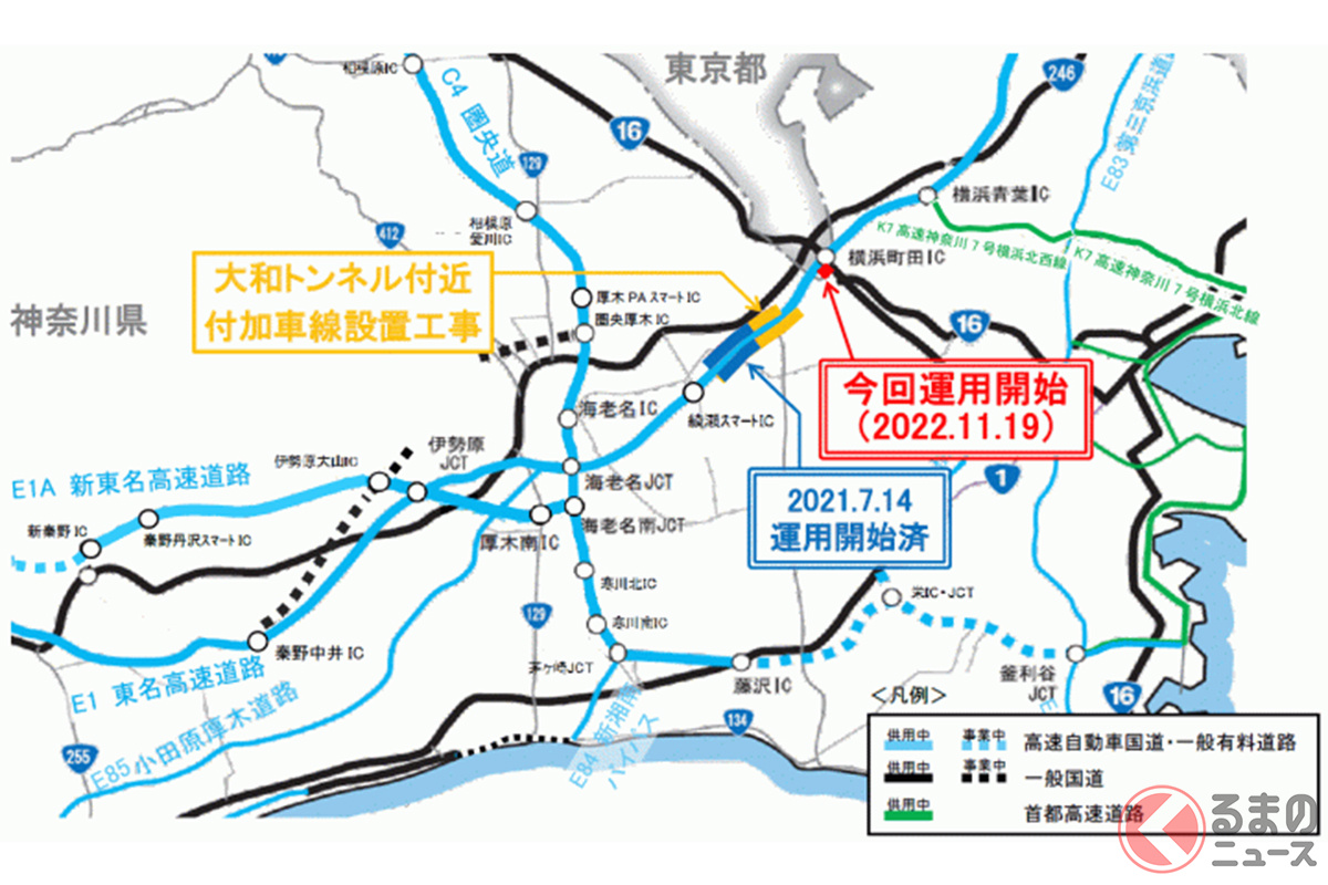 東名でネックとなる下り線「横浜町田IC」周辺（画像：NEXCO中日本）
