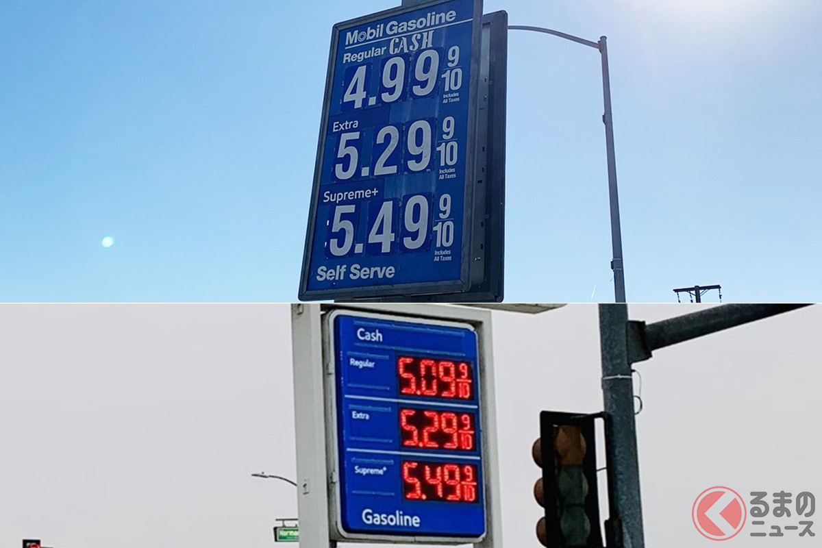 カルフォルニア州にあるガソリンスタンドの1週間の価格差（上が前・下が後）（撮影：加藤博人）