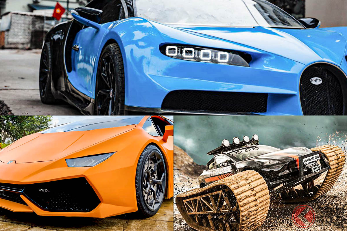Vu Van Nam氏が1年をかけて作成した「DIY ブガッティ シロン」(上)とKing OF Craftsが廃車同然のコンパクトカーをベースにランボルギーニを再現した「DIYウラカン」(左下)とThe Real Life Guysが制作した「Offroad-Tesla」(右下)