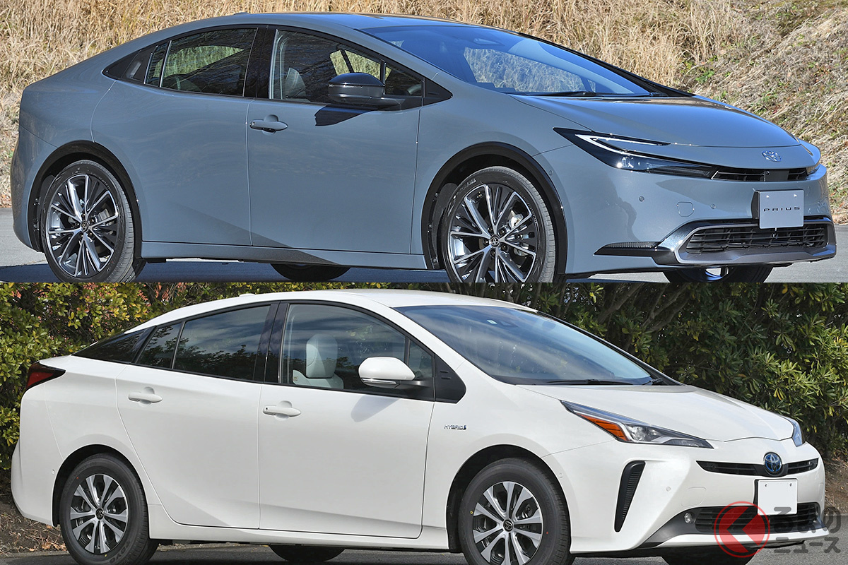 上は新型(5代目)プリウス、下は先代(4代目)プリウス。新型は大径タイヤで背もグッと低くなりスポーティな雰囲気に。一方で2モデルを見比べると、モノフォルムのシルエットには新旧のつながりも感じられます