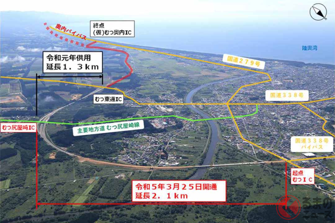 むつ南バイパスのむつIC~むつ尻屋崎IC間が開通する(画像:青森県)