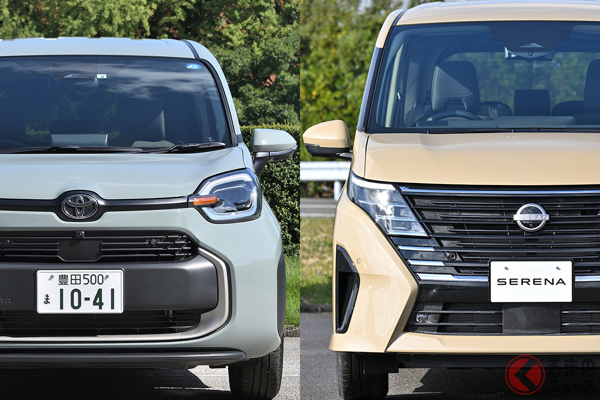 どっちがお好み!? 全長で430mm、全高で200mmも違い、サイズやクラスも異なるトヨタのコンパクトミニバン「シエンタ」(左)と日産のミディアムクラスミニバン「セレナ」ですが、実は一部の価格帯が近接しています