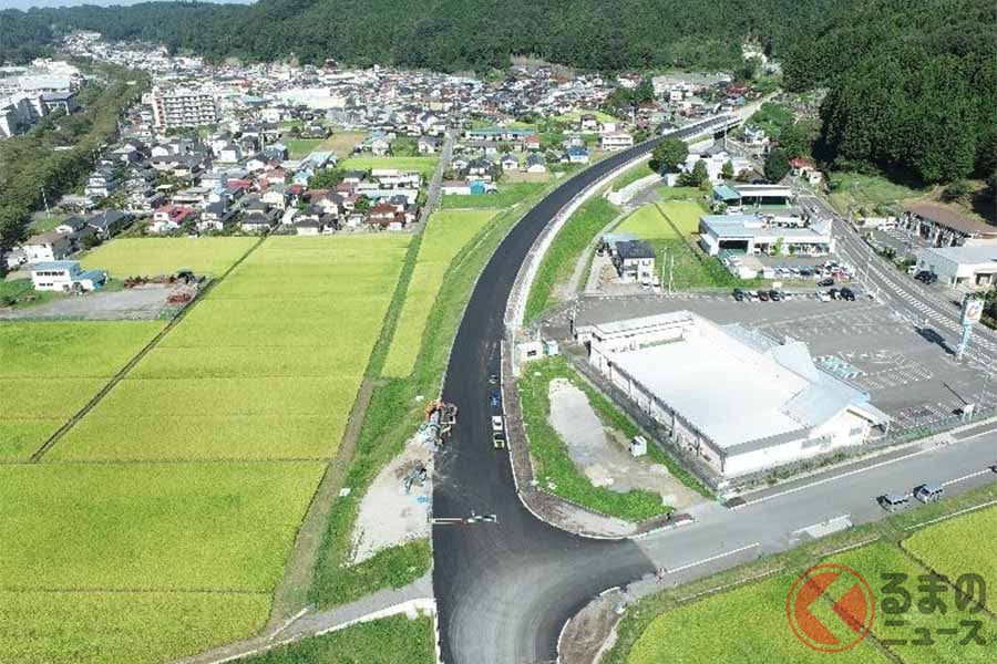 福島県道14号いわき石川線「石川バイパス」2工区の施工状況。2022年9月撮影(画像:福島県)