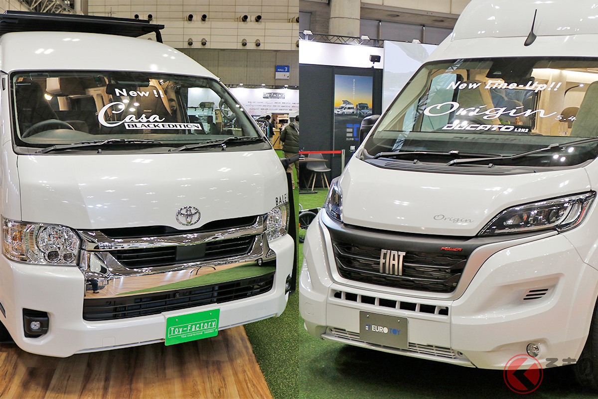 左は国産キャンピングカーの代表的なベースモデルであるトヨタ「ハイエース」/右は新たに国内への正規輸入を開始したフィアット「デュカト」(写真はトイファクトリーのキャンピングカー)
