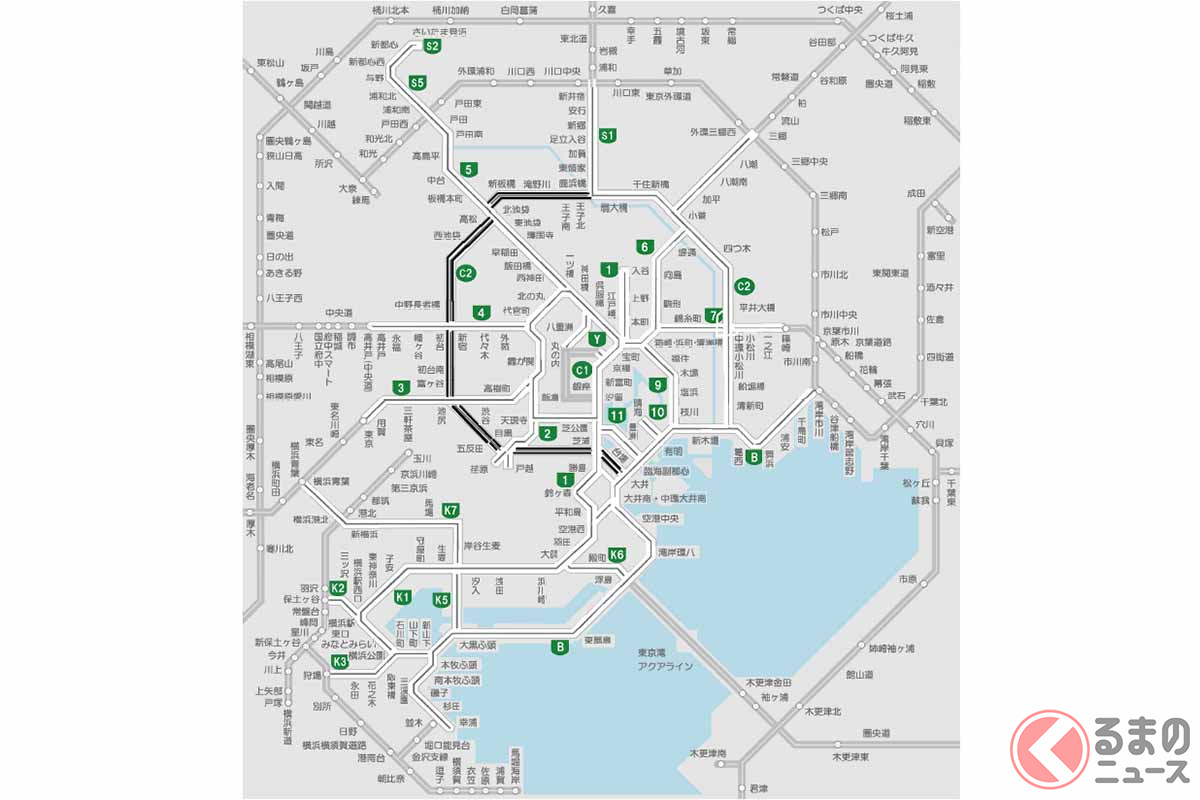 2023年2月10日11時時点の首都高速の状況。黒い区間が通行止め(画像:首都高速)