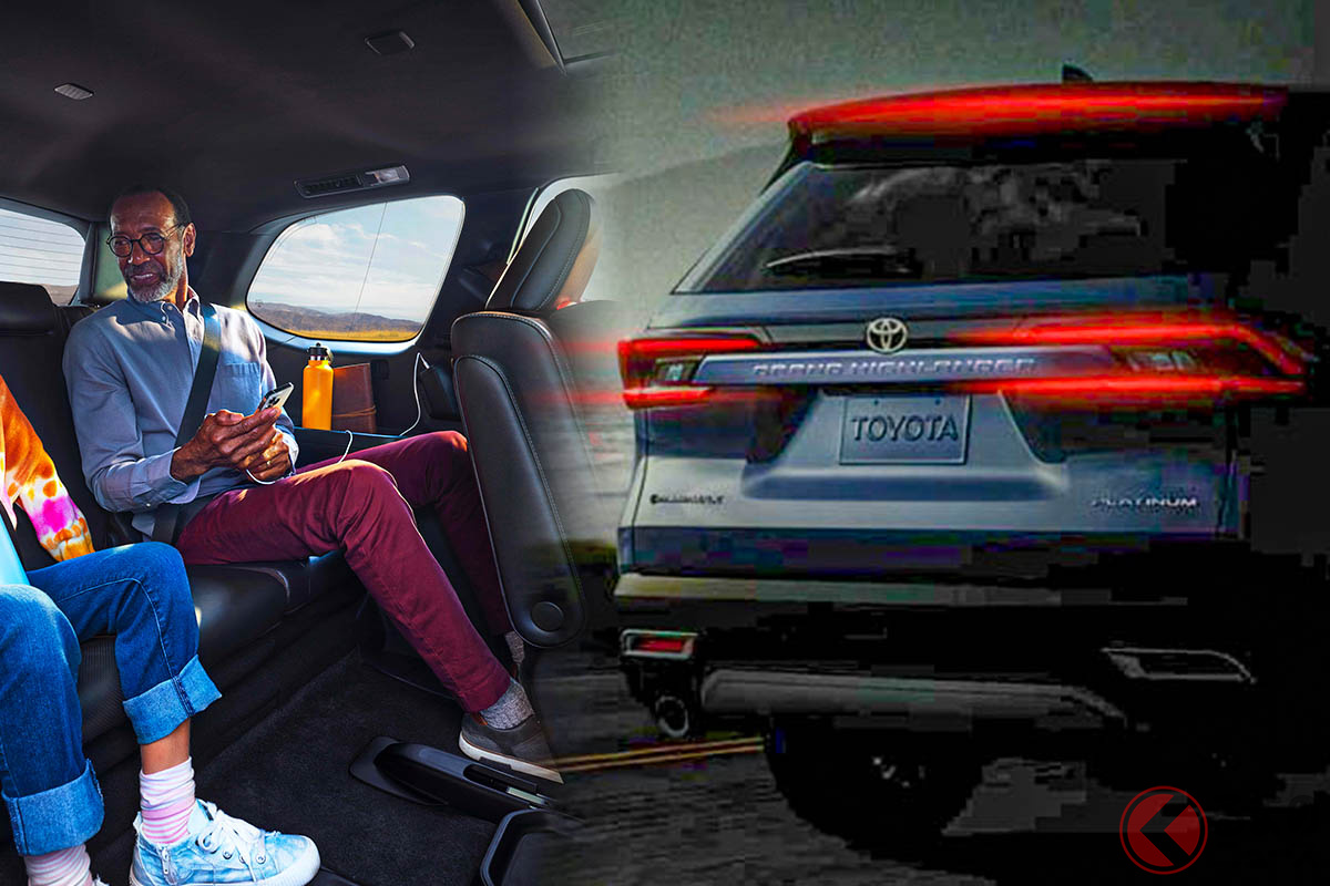 トヨタ巨大新型SUV「グランドハイランダー」の内装(右)と外観(左)ティザー画像