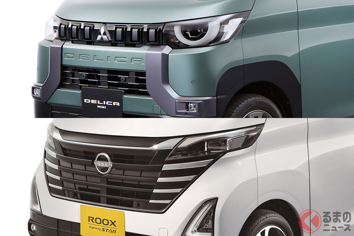 どっちがお好み!? 2023年5月発売予定の三菱 新型軽スーパーハイトワゴン「デリカミニ」(上)と、初夏発売予定の日産 新型「ルークス ハイウェイスター」マイナーチェンジモデル(下)