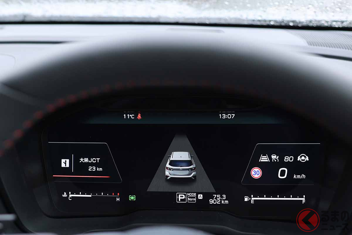 レヴォーグのメーター運転支援画面。高速道路の走行がさらに楽になった(撮影:オービスガイド)