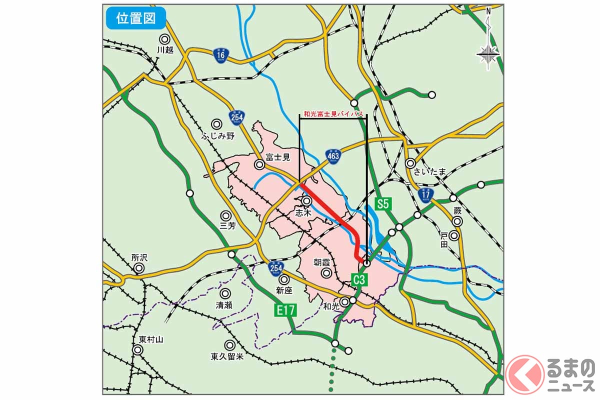 国道254号和光富士見バイパスの位置（画像：埼玉県）