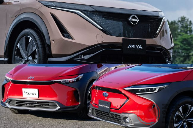 国産プレミアムBEV(電気自動車)比較/(上)日産 アリア/(下)トヨタ bZ4X・スバル ソルテラ