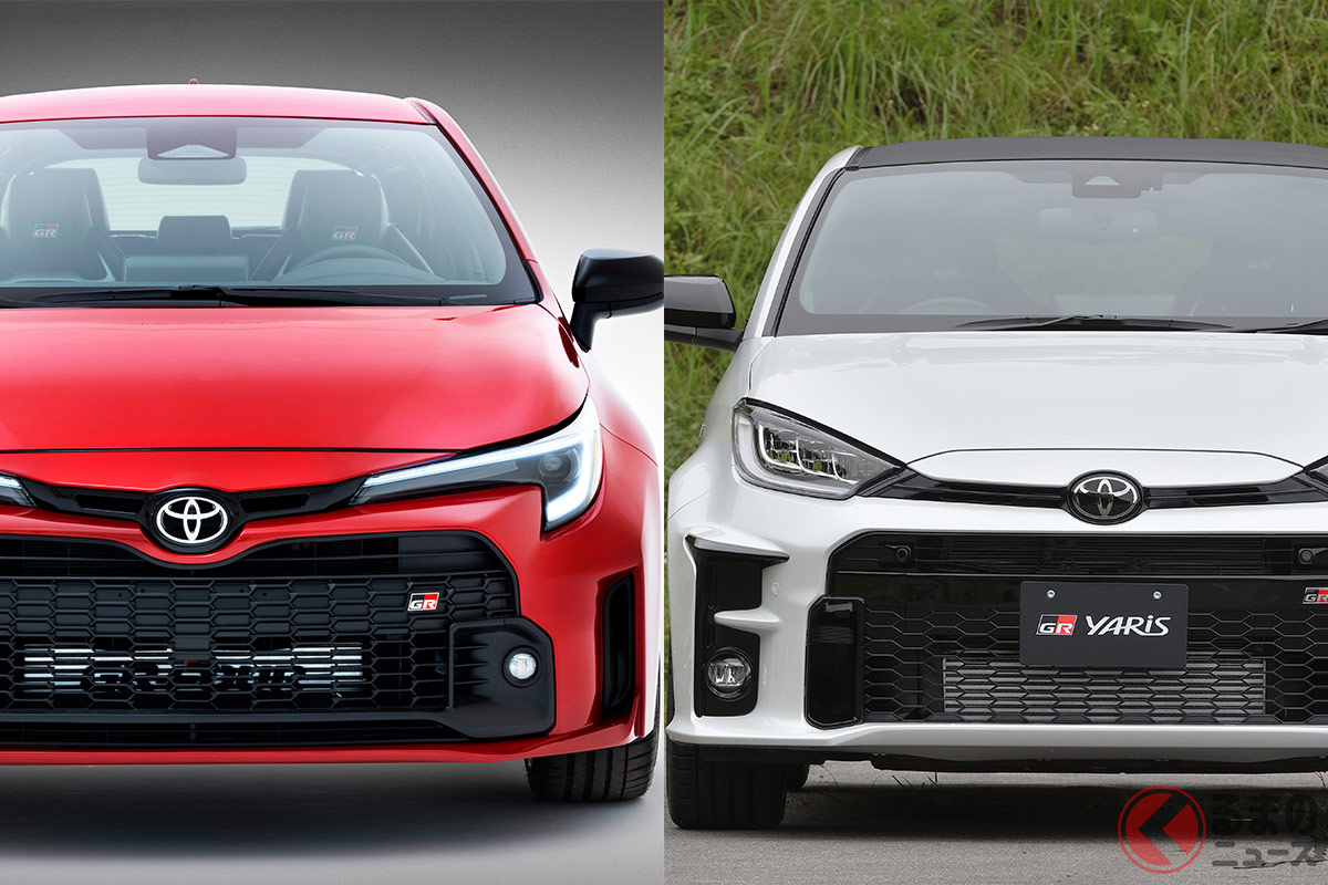 GRカローラ世界初公開! GRヤリスと何が違うのか?(左がGRカローラ、右がGRヤリス)