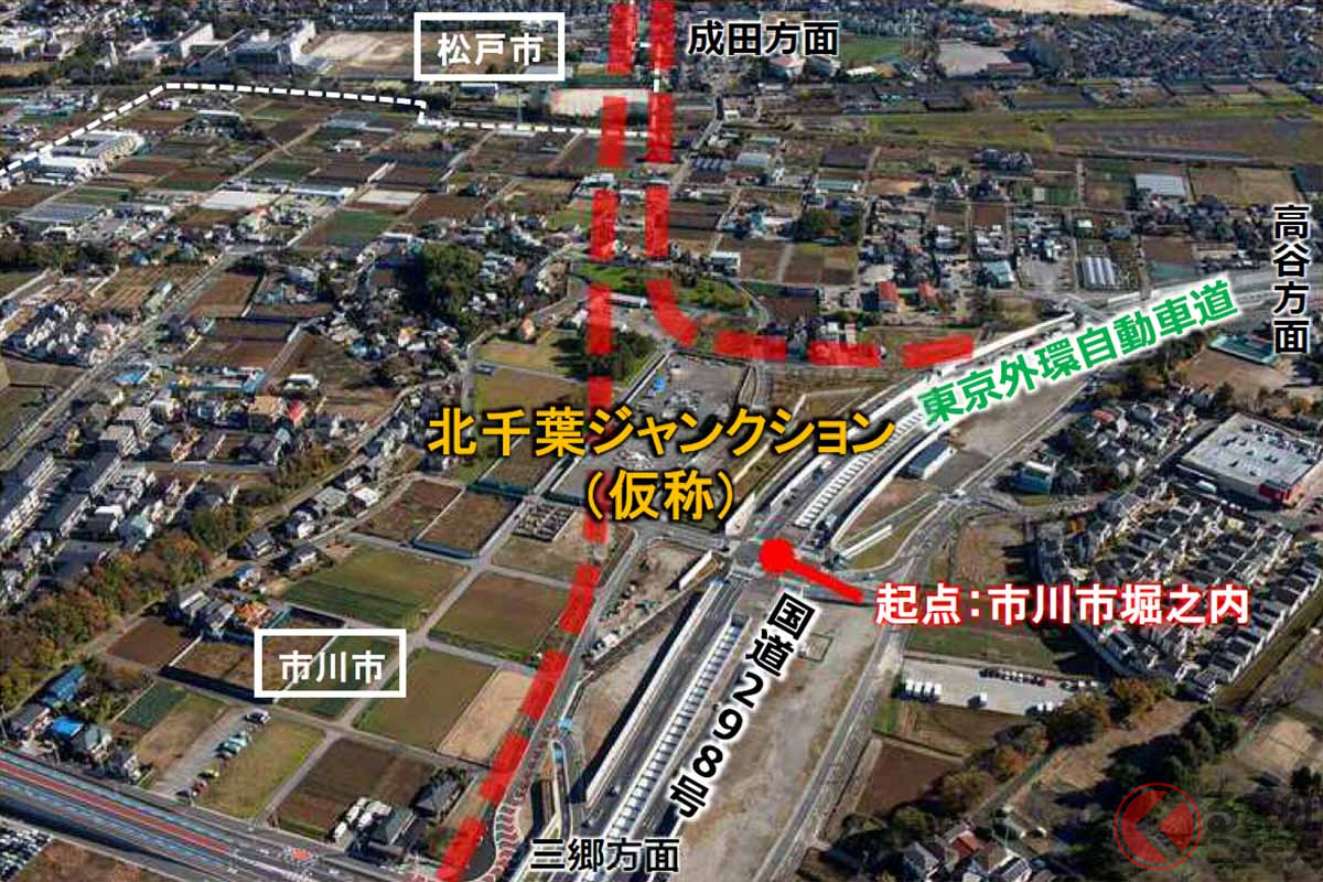 外環道から北千葉道路が分かれる北千葉JCT(仮称)の予定地(画像:国土交通省関東地方整備局)